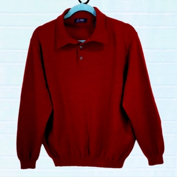 Fine Merino Wool Sweater w/ Polo Collar Heathered Cranberry Men's L - Picture 1 of 4